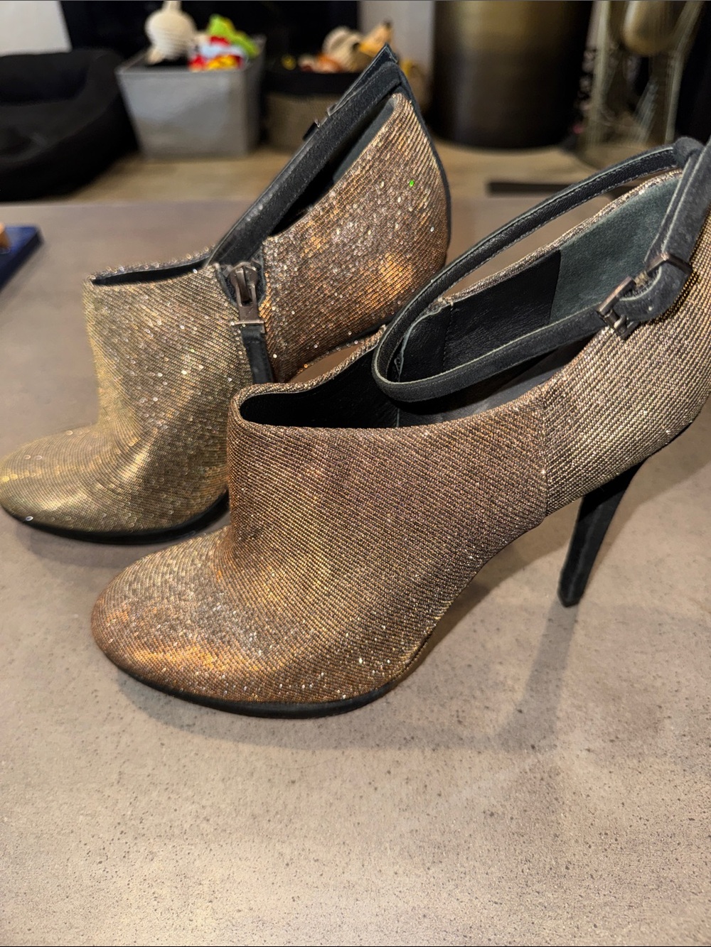 Brian Atwood Gold Glitter Ankle Booties with Ankle Strap